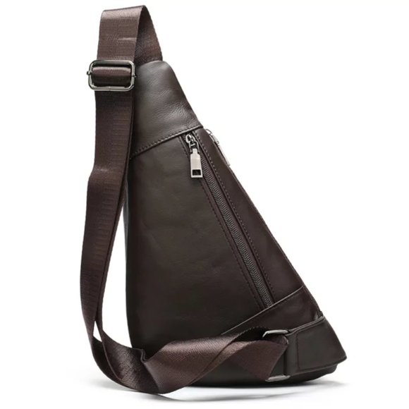 Noblag Guan Men's Chest Bags Genuine Leather Triangle Coffee Sling Bag - Picture 2 of 3